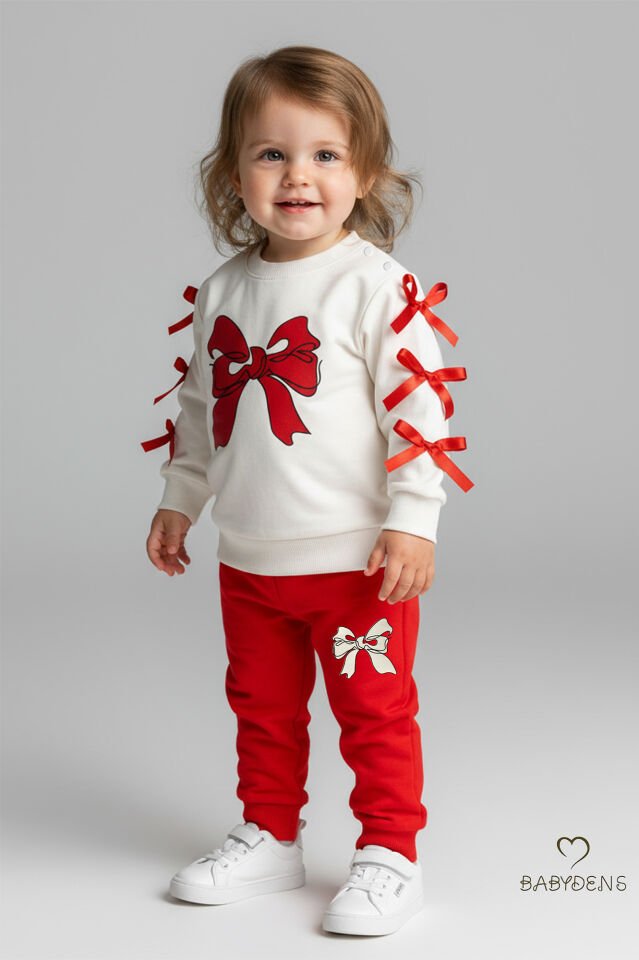 Fiyonklu Kız Bebek 2’li Eşofman Takımı Omuz Çıtçıtlı,Yan Kurdele Detaylı,%100Pamuk Mevsimlik Alt-Üst Kırmızı