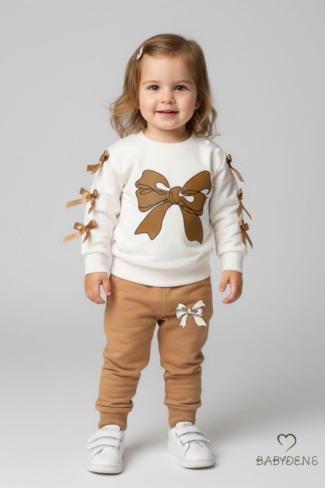 Fiyonklu Kız Bebek 2’li Eşofman Takımı Omuz Çıtçıtlı,Yan Kurdele Detaylı,%100Pamuk Mevsimlik Alt-Üst Kahverengi