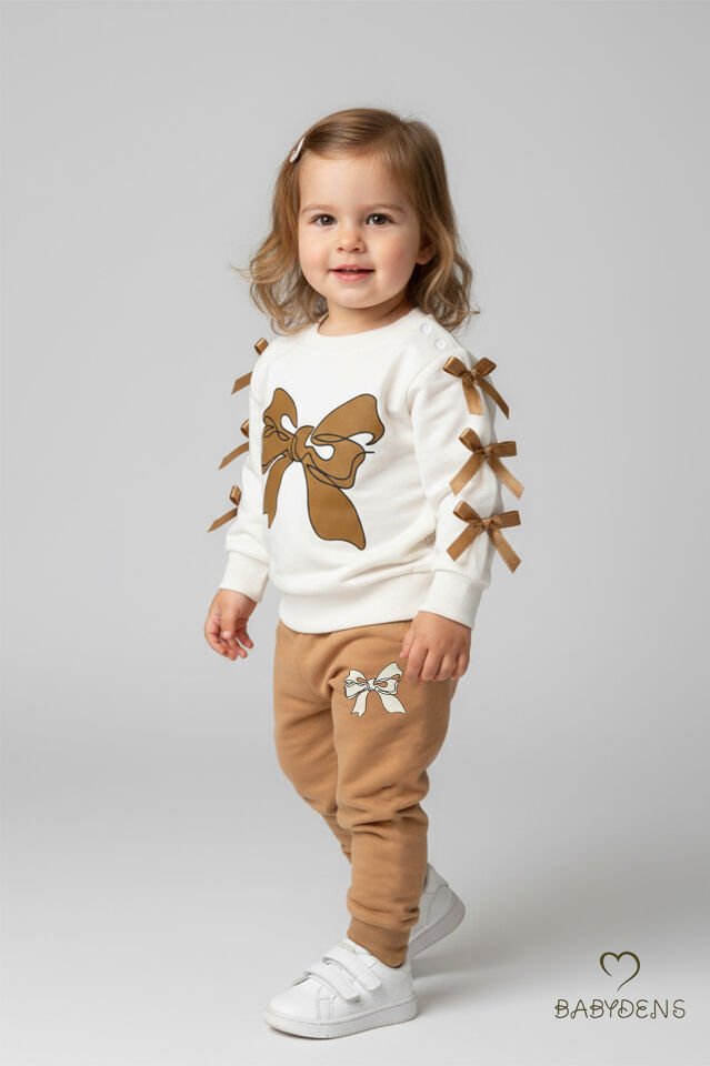 Fiyonklu Kız Bebek 2’li Eşofman Takımı Omuz Çıtçıtlı,Yan Kurdele Detaylı,%100Pamuk Mevsimlik Alt-Üst Kahverengi