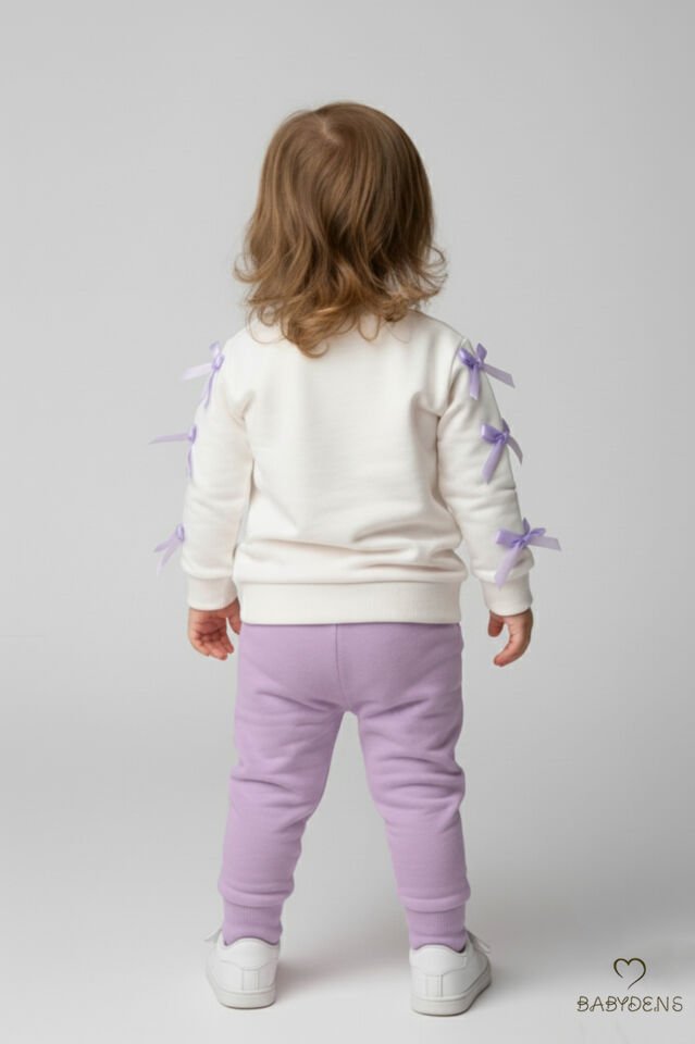 Fiyonklu Kız Bebek 2’li Eşofman Takımı Omuz Çıtçıtlı,Yan Kurdele Detaylı,%100Pamuk Mevsimlik Alt-Üst Lila