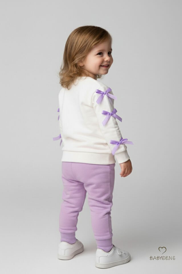 Fiyonklu Kız Bebek 2’li Eşofman Takımı Omuz Çıtçıtlı,Yan Kurdele Detaylı,%100Pamuk Mevsimlik Alt-Üst Lila