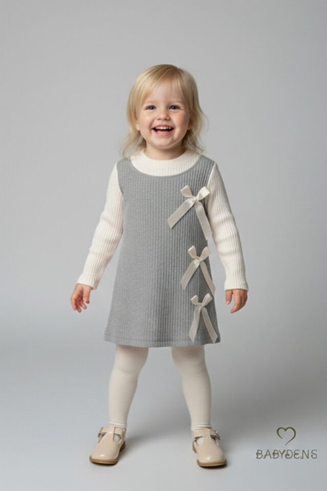 Kız Çocuk Fitilli Elbise %100 Pamuk,Uzun Kollu,Fiyonklu,Yumuşak Dokulu, Şık Günlük,Özel Gün Elbisesi Gri