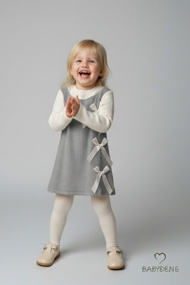 Kız Çocuk Fitilli Elbise %100 Pamuk,Uzun Kollu,Fiyonklu,Yumuşak Dokulu, Şık Günlük,Özel Gün Elbisesi Gri