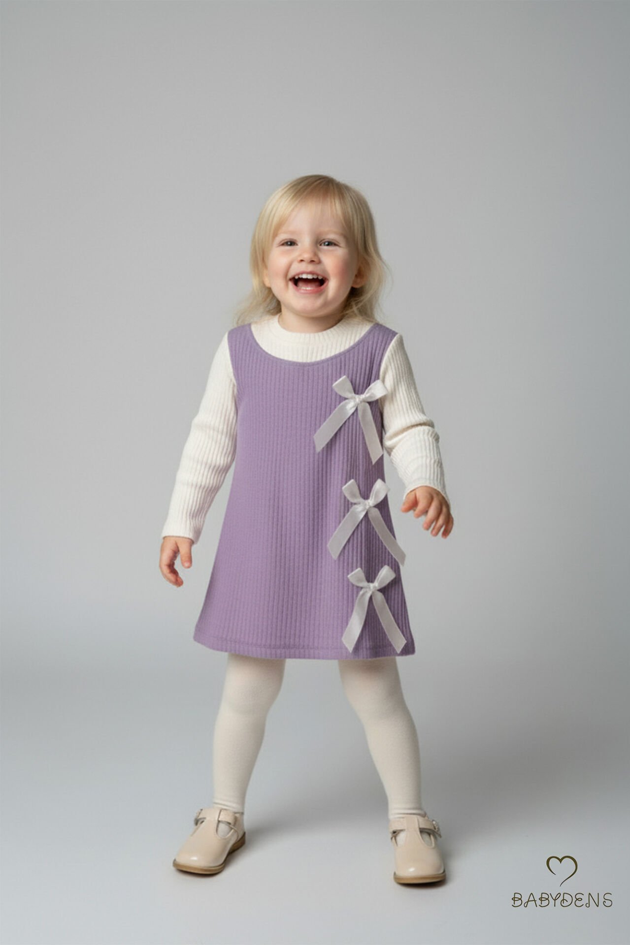 Kız Çocuk Fitilli Elbise %100 Pamuk,Uzun Kollu,Fiyonklu,Yumuşak Dokulu, Şık Günlük,Özel Gün Elbisesi Lila