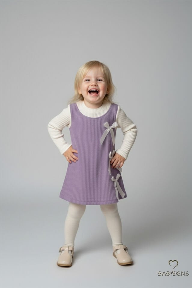 Kız Çocuk Fitilli Elbise %100 Pamuk,Uzun Kollu,Fiyonklu,Yumuşak Dokulu, Şık Günlük,Özel Gün Elbisesi Lila