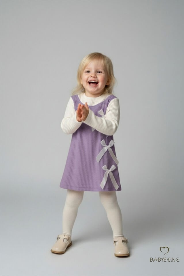Kız Çocuk Fitilli Elbise %100 Pamuk,Uzun Kollu,Fiyonklu,Yumuşak Dokulu, Şık Günlük,Özel Gün Elbisesi Lila