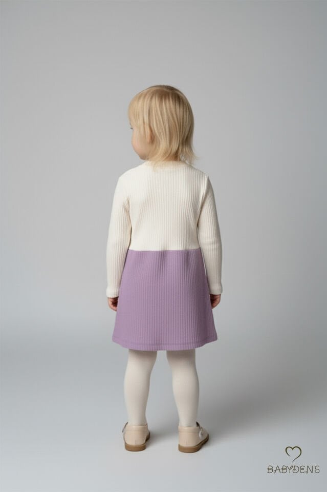 Kız Çocuk Fitilli Elbise %100 Pamuk,Uzun Kollu,Fiyonklu,Yumuşak Dokulu, Şık Günlük,Özel Gün Elbisesi Lila