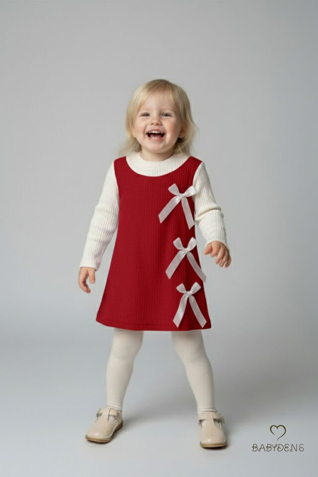 Kız Çocuk Fitilli Elbise %100 Pamuk,Uzun Kollu,Fiyonklu,Yumuşak Dokulu, Şık Günlük,Özel Gün Elbisesi Kırmızı