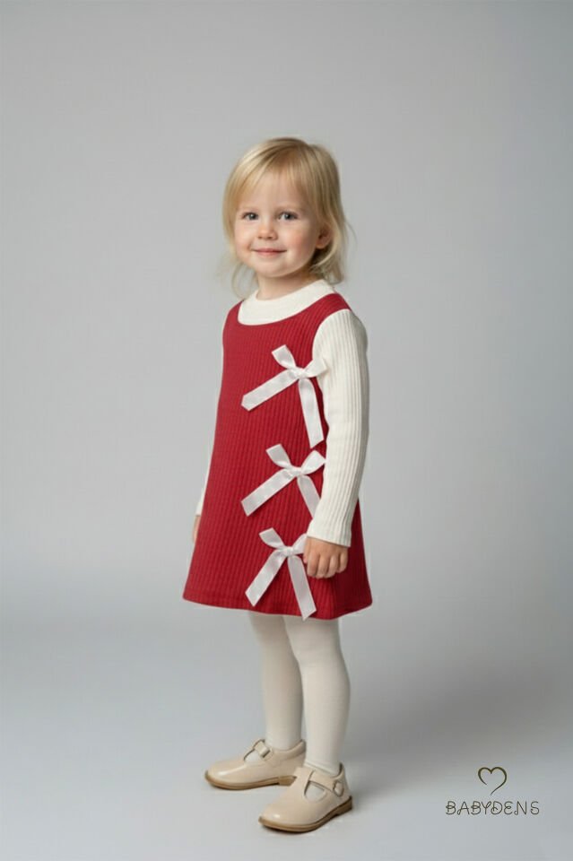 Kız Çocuk Fitilli Elbise %100 Pamuk,Uzun Kollu,Fiyonklu,Yumuşak Dokulu, Şık Günlük,Özel Gün Elbisesi Kırmızı