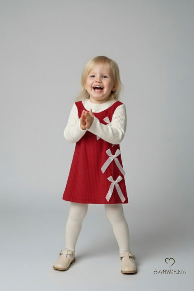 Kız Çocuk Fitilli Elbise %100 Pamuk,Uzun Kollu,Fiyonklu,Yumuşak Dokulu, Şık Günlük,Özel Gün Elbisesi Kırmızı