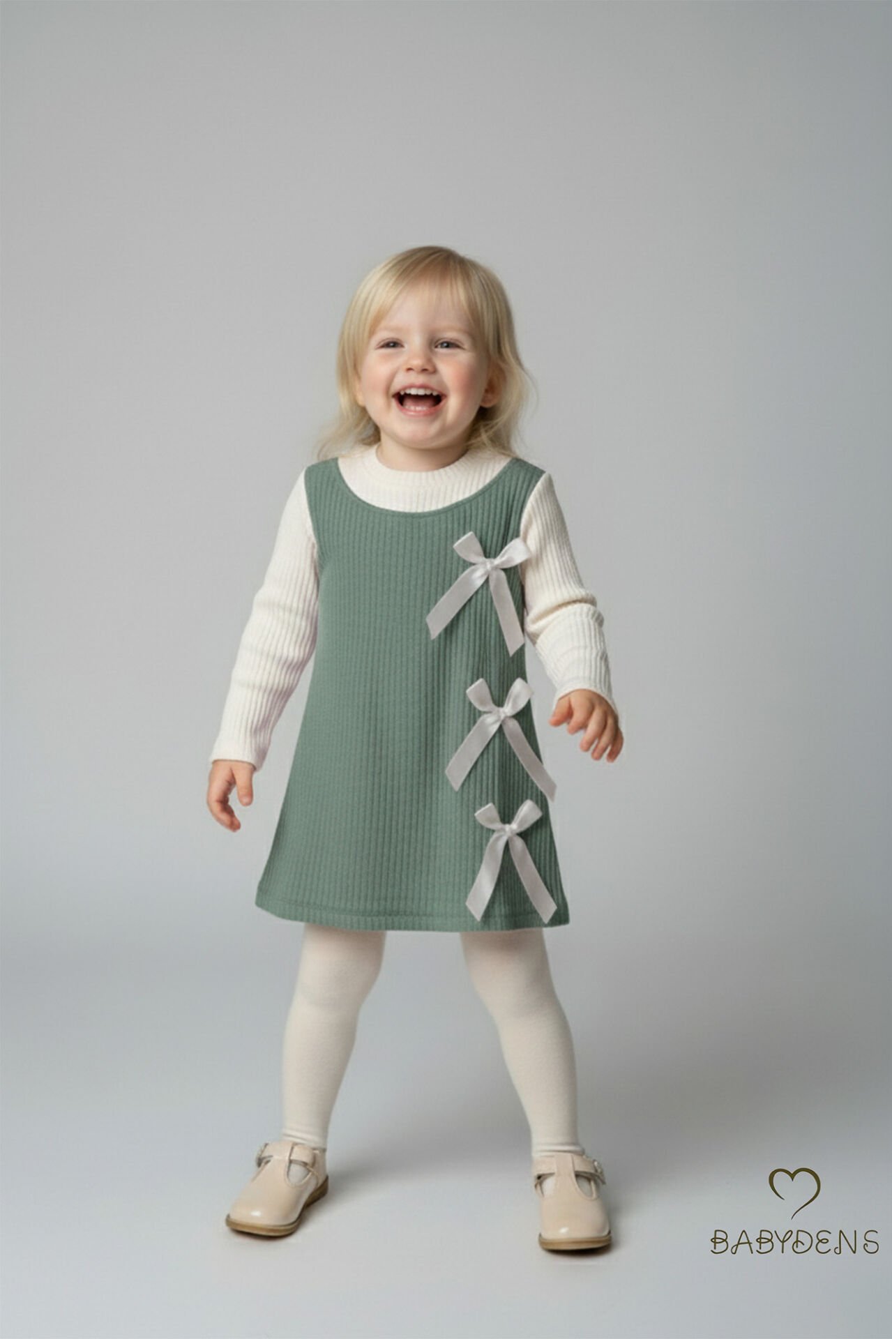 Kız Çocuk Fitilli Elbise %100 Pamuk,Uzun Kollu,Fiyonklu,Yumuşak Dokulu, Şık Günlük,Özel Gün Elbisesi Haki