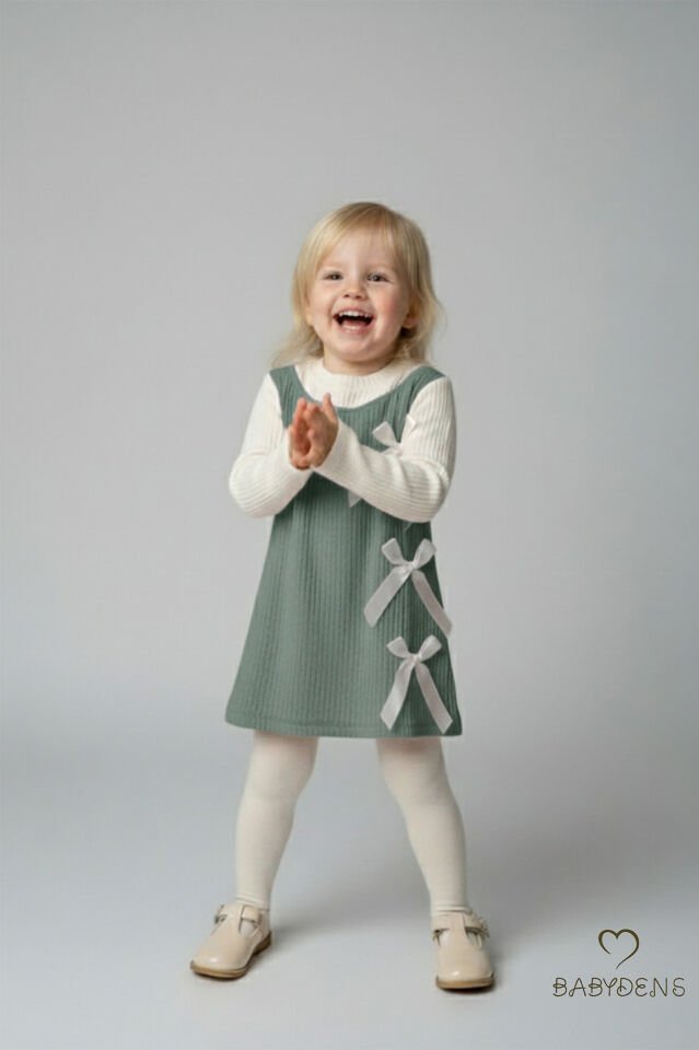 Kız Çocuk Fitilli Elbise %100 Pamuk,Uzun Kollu,Fiyonklu,Yumuşak Dokulu, Şık Günlük,Özel Gün Elbisesi Haki