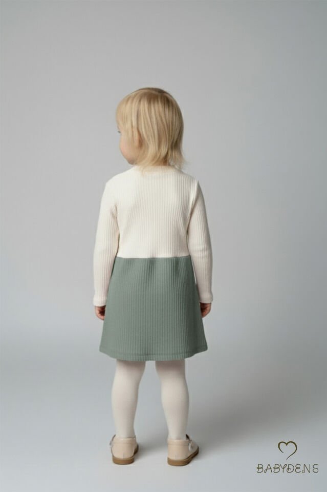 Kız Çocuk Fitilli Elbise %100 Pamuk,Uzun Kollu,Fiyonklu,Yumuşak Dokulu, Şık Günlük,Özel Gün Elbisesi Haki