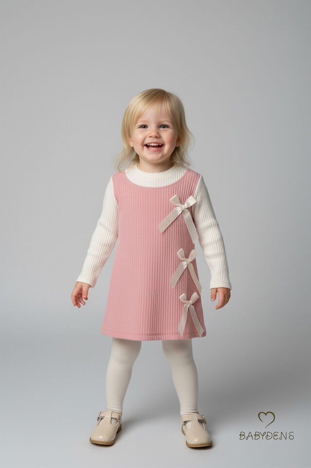 Kız Çocuk Fitilli Elbise %100 Pamuk,Uzun Kollu,Fiyonklu,Yumuşak Dokulu, Şık Günlük,Özel Gün Elbisesi Pembe