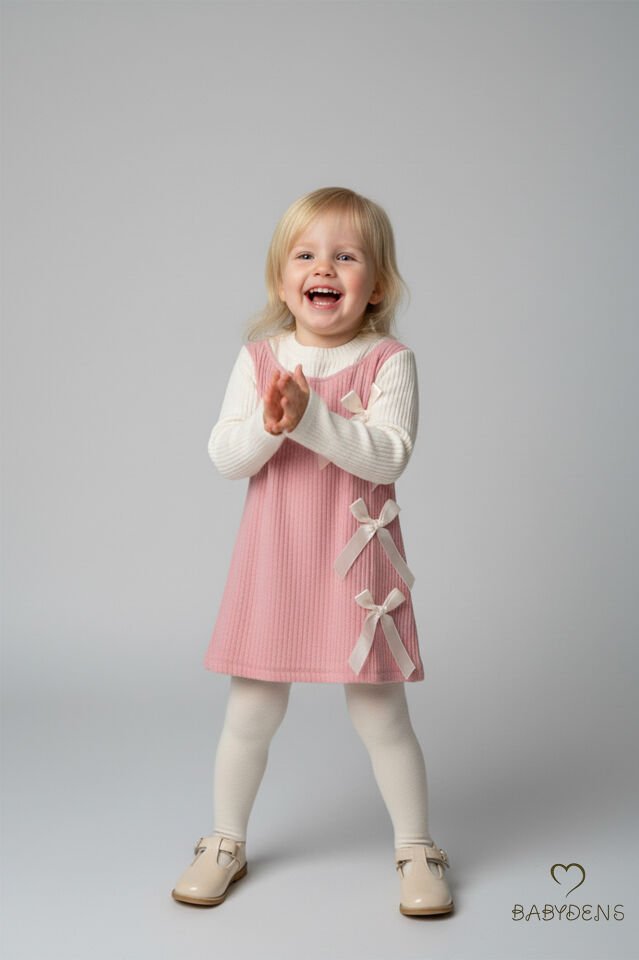 Kız Çocuk Fitilli Elbise %100 Pamuk,Uzun Kollu,Fiyonklu,Yumuşak Dokulu, Şık Günlük,Özel Gün Elbisesi Pembe