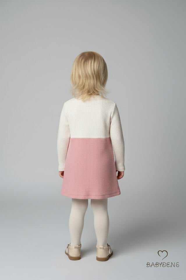 Kız Çocuk Fitilli Elbise %100 Pamuk,Uzun Kollu,Fiyonklu,Yumuşak Dokulu, Şık Günlük,Özel Gün Elbisesi Pembe