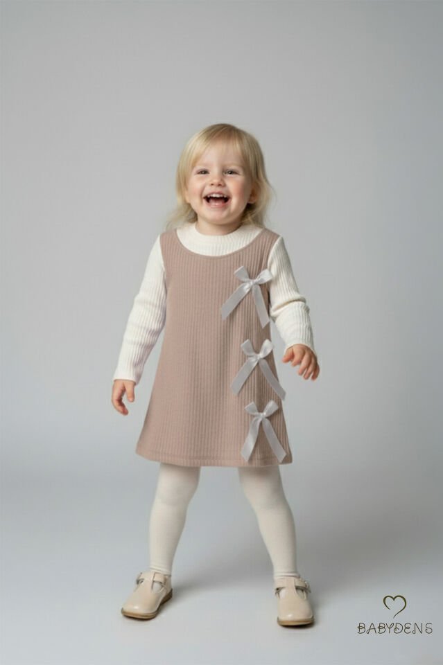 Kız Çocuk Fitilli Elbise %100 Pamuk,Uzun Kollu,Fiyonklu,Yumuşak Dokulu, Şık Günlük,Özel Gün Elbisesi Bej