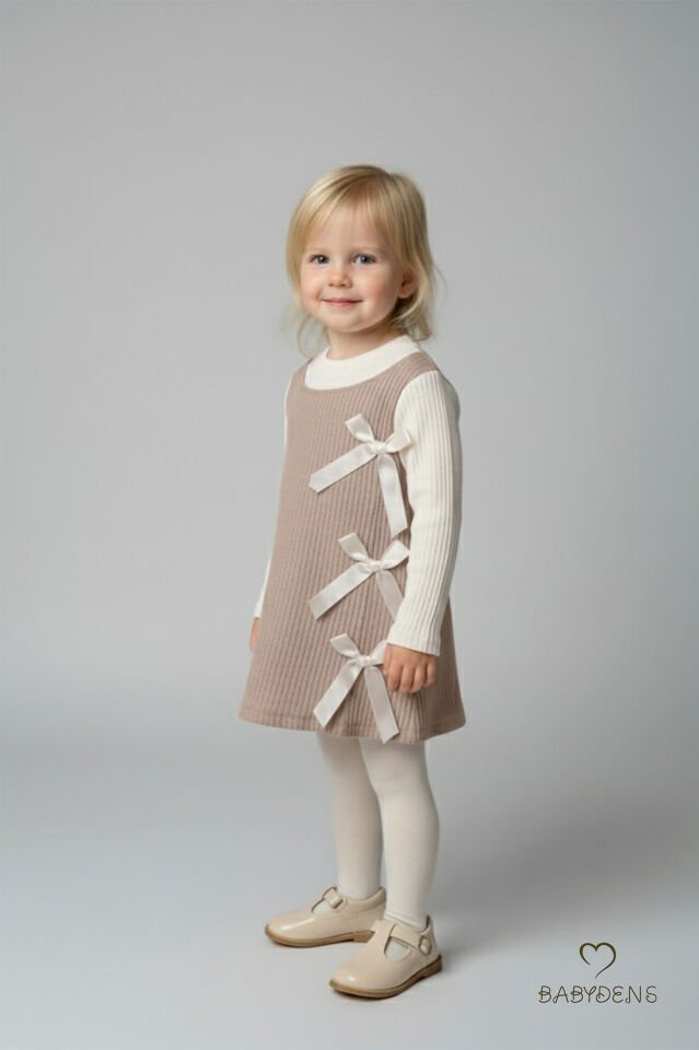 Kız Çocuk Fitilli Elbise %100 Pamuk,Uzun Kollu,Fiyonklu,Yumuşak Dokulu, Şık Günlük,Özel Gün Elbisesi Bej