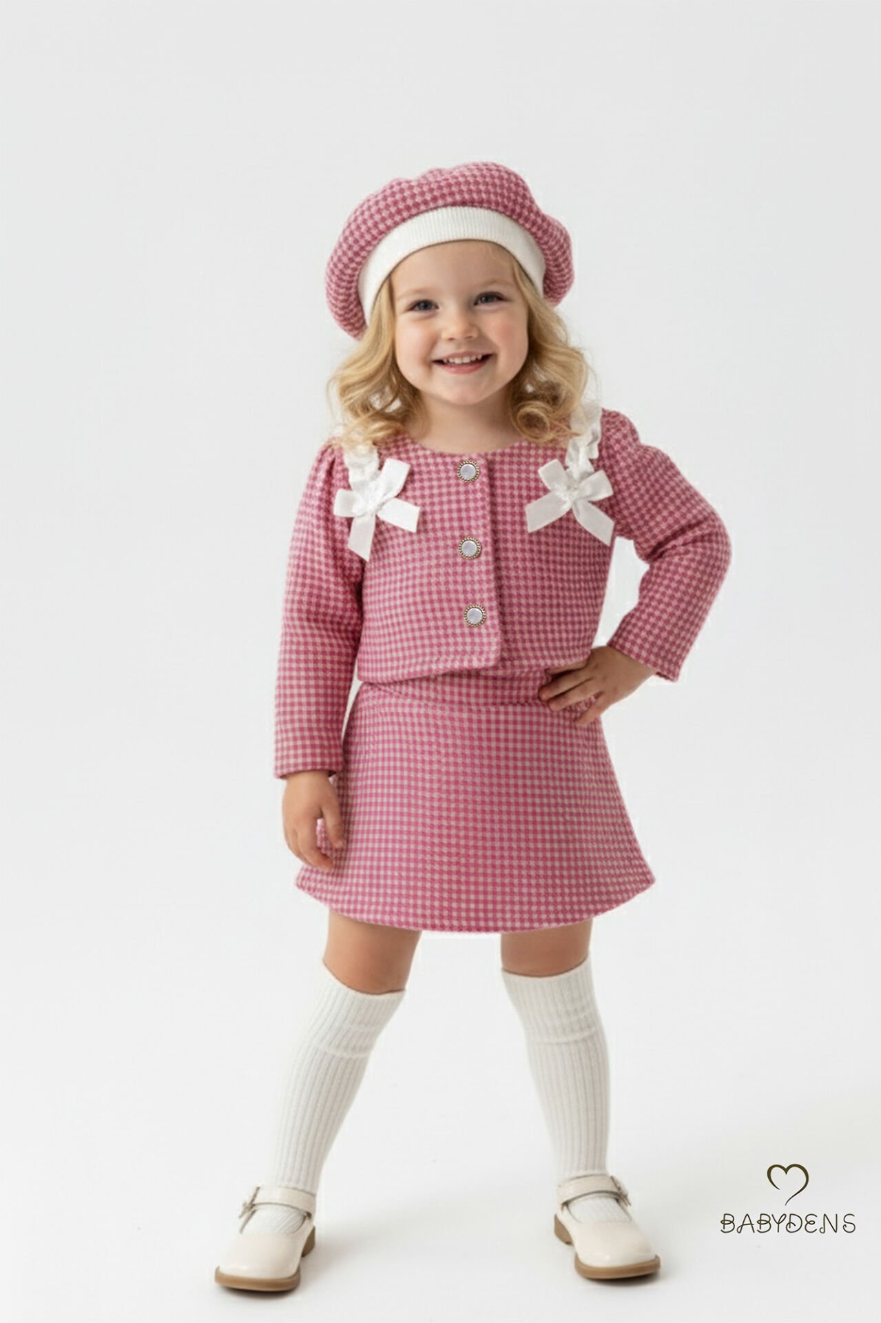 Kız Bebek Kışlık elbise Etek Ceket Şapka Takımı,Oduncu Kumaş Kışlık 3’lü Kombin Düğme ve Fiyonklu Pembe