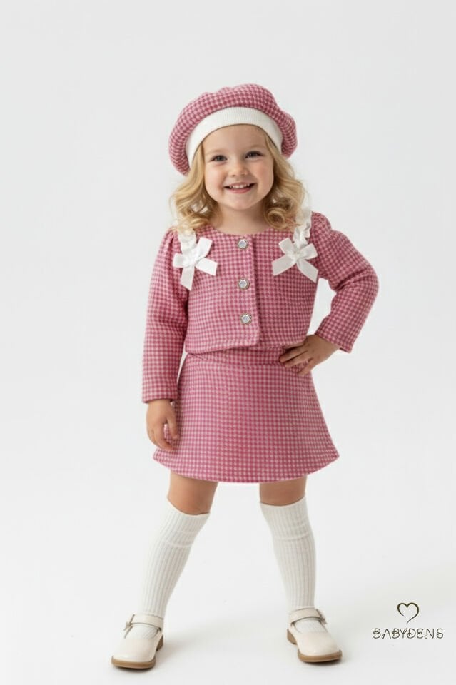 Kız Bebek Kışlık elbise Etek Ceket Şapka Takımı,Oduncu Kumaş Kışlık 3’lü Kombin Düğme ve Fiyonklu Pembe