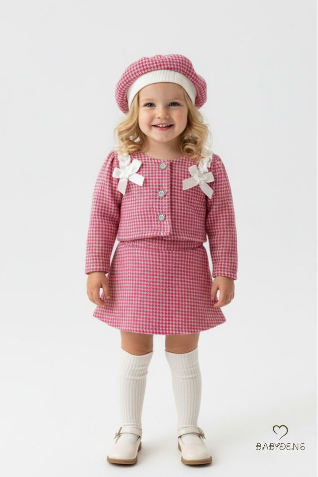 Kız Bebek Kışlık elbise Etek Ceket Şapka Takımı,Oduncu Kumaş Kışlık 3’lü Kombin Düğme ve Fiyonklu Pembe