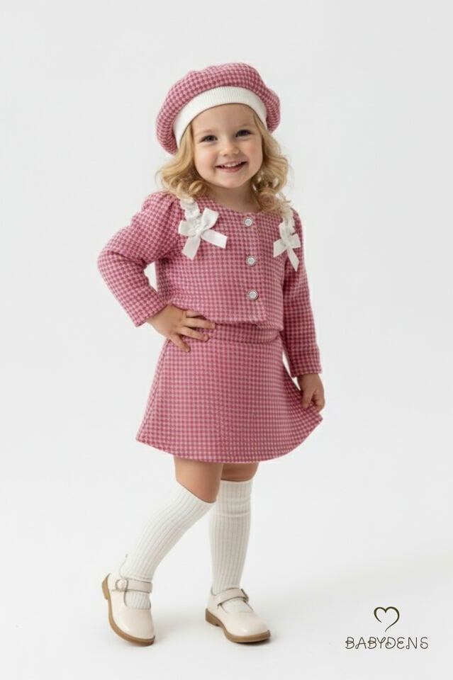 Kız Bebek Kışlık elbise Etek Ceket Şapka Takımı,Oduncu Kumaş Kışlık 3’lü Kombin Düğme ve Fiyonklu Pembe