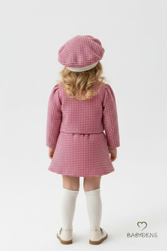 Kız Bebek Kışlık elbise Etek Ceket Şapka Takımı,Oduncu Kumaş Kışlık 3’lü Kombin Düğme ve Fiyonklu Pembe