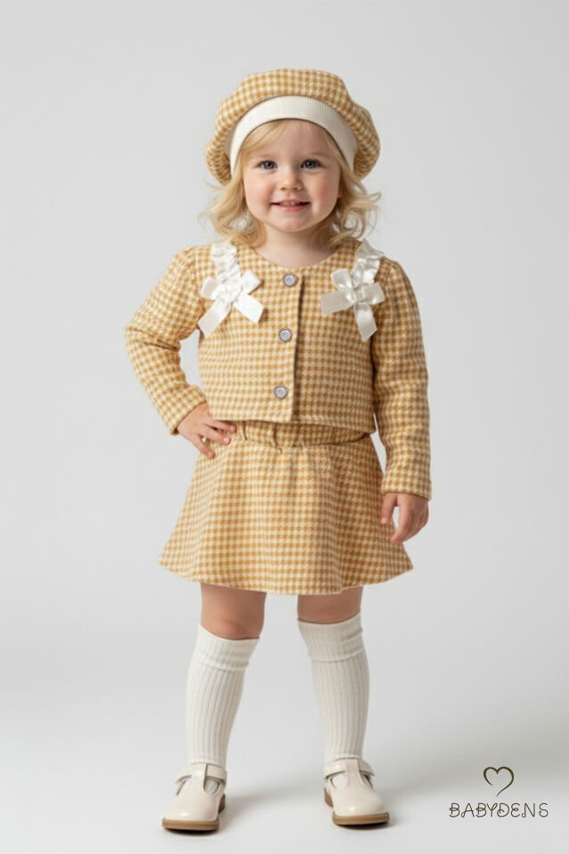 Kız Bebek Kışlık elbise Etek Ceket Şapka Takımı,Oduncu Kumaş Kışlık 3’lü Kombin Düğme ve Fiyonklu Sarı