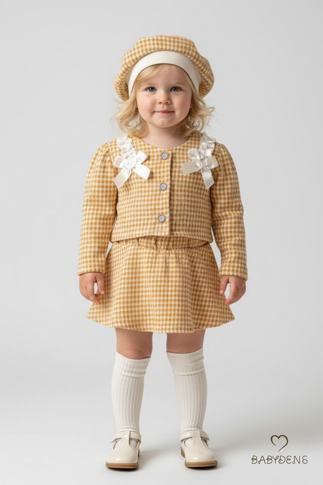 Kız Bebek Kışlık elbise Etek Ceket Şapka Takımı,Oduncu Kumaş Kışlık 3’lü Kombin Düğme ve Fiyonklu Sarı
