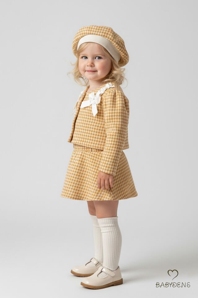 Kız Bebek Kışlık elbise Etek Ceket Şapka Takımı,Oduncu Kumaş Kışlık 3’lü Kombin Düğme ve Fiyonklu Sarı