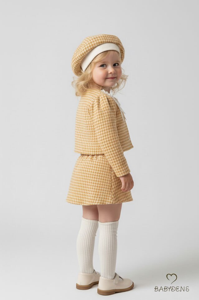 Kız Bebek Kışlık elbise Etek Ceket Şapka Takımı,Oduncu Kumaş Kışlık 3’lü Kombin Düğme ve Fiyonklu Sarı