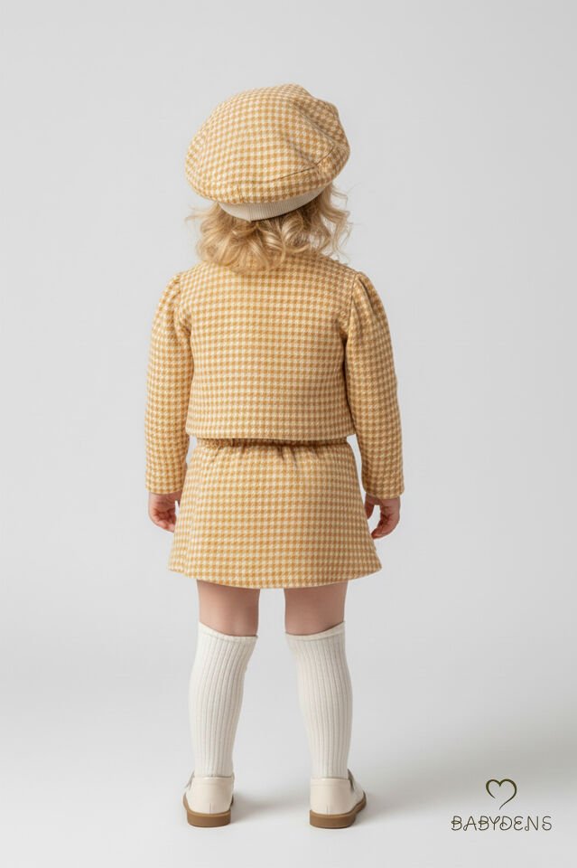 Kız Bebek Kışlık elbise Etek Ceket Şapka Takımı,Oduncu Kumaş Kışlık 3’lü Kombin Düğme ve Fiyonklu Sarı