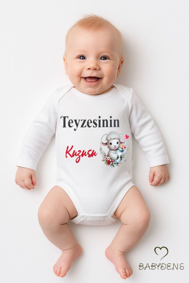 Teyzesinin Kuzusu Yazılı Bebek Zıbını %100 Pamuk Unisex Uzun Kollu Body 0-24 Ay Çıtçıtlı Bebek Body 6-9 Ay