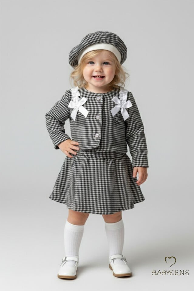 Kız Bebek Kışlık elbise Etek Ceket Şapka Takımı,Oduncu Kumaş Kışlık 3’lü Kombin Düğme ve Fiyonklu Siyah