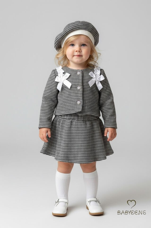 Kız Bebek Kışlık elbise Etek Ceket Şapka Takımı,Oduncu Kumaş Kışlık 3’lü Kombin Düğme ve Fiyonklu Siyah