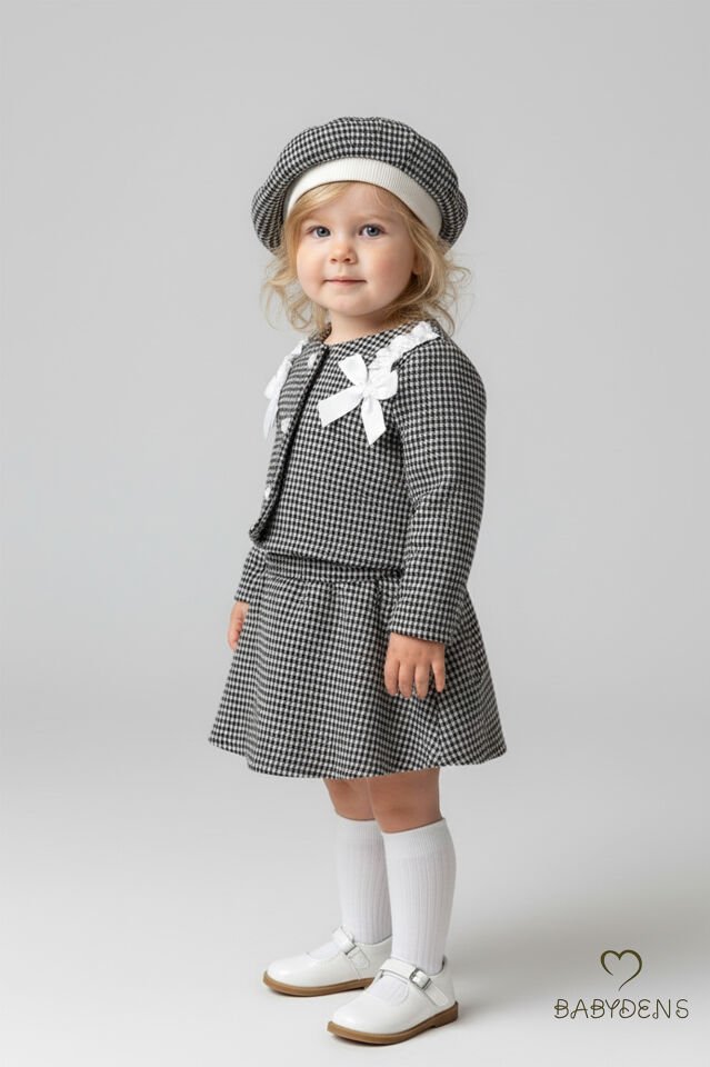 Kız Bebek Kışlık elbise Etek Ceket Şapka Takımı,Oduncu Kumaş Kışlık 3’lü Kombin Düğme ve Fiyonklu Siyah