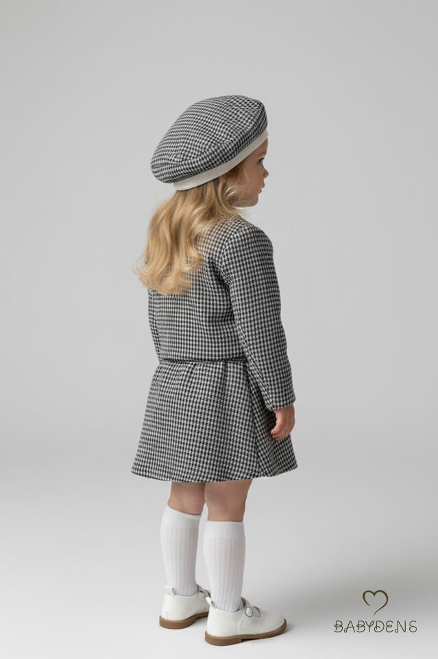 Kız Bebek Kışlık elbise Etek Ceket Şapka Takımı,Oduncu Kumaş Kışlık 3’lü Kombin Düğme ve Fiyonklu Siyah