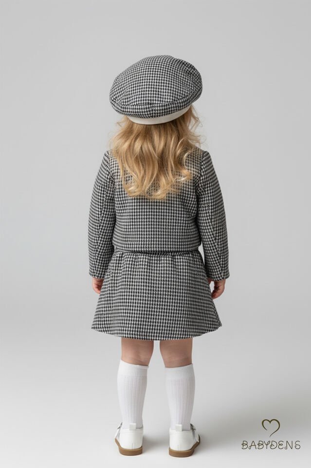 Kız Bebek Kışlık elbise Etek Ceket Şapka Takımı,Oduncu Kumaş Kışlık 3’lü Kombin Düğme ve Fiyonklu Siyah