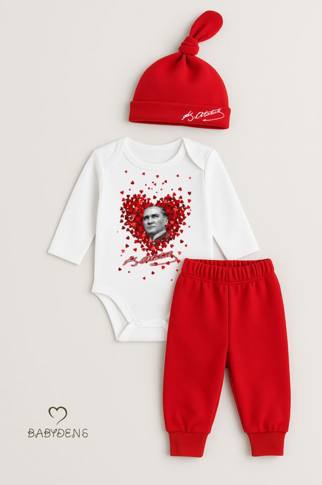 Atatürk Temalı Uzun Kollu 3’lü Yenidoğan Bebek Takımı (Body + Pantolon + Bere) Kırmızı-Beyaz Pamuklu