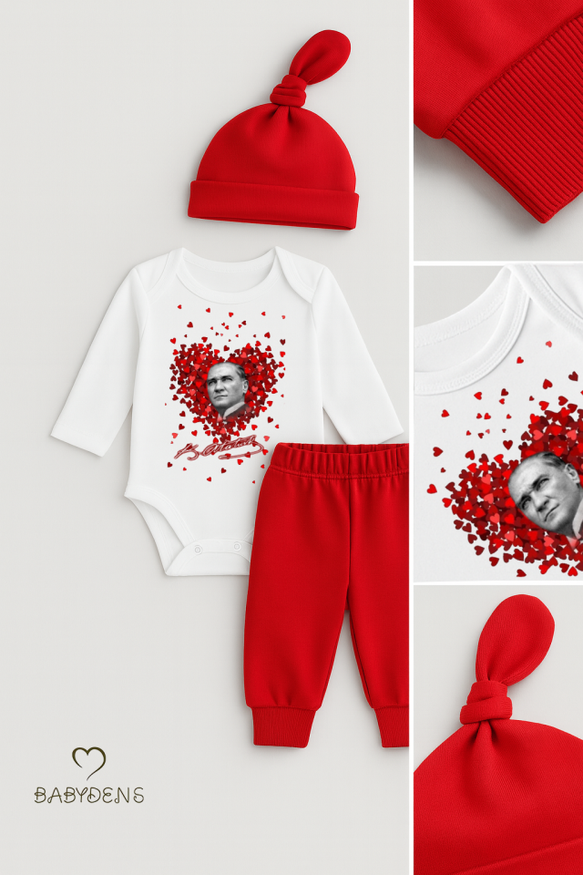 Atatürk Temalı Uzun Kollu 3’lü Yenidoğan Bebek Takımı (Body + Pantolon + Bere) Kırmızı-Beyaz Pamuklu