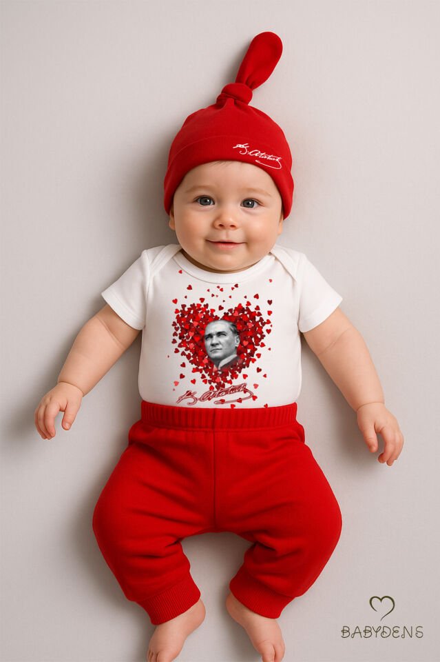 Atatürk Temalı Kısa Kollu 3’lü Yenidoğan Bebek Takımı (Body + Pantolon + Bere) Kırmızı-Beyaz Pamuklu