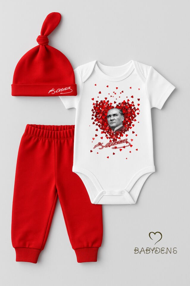 Atatürk Temalı Kısa Kollu 3’lü Yenidoğan Bebek Takımı (Body + Pantolon + Bere) Kırmızı-Beyaz Pamuklu