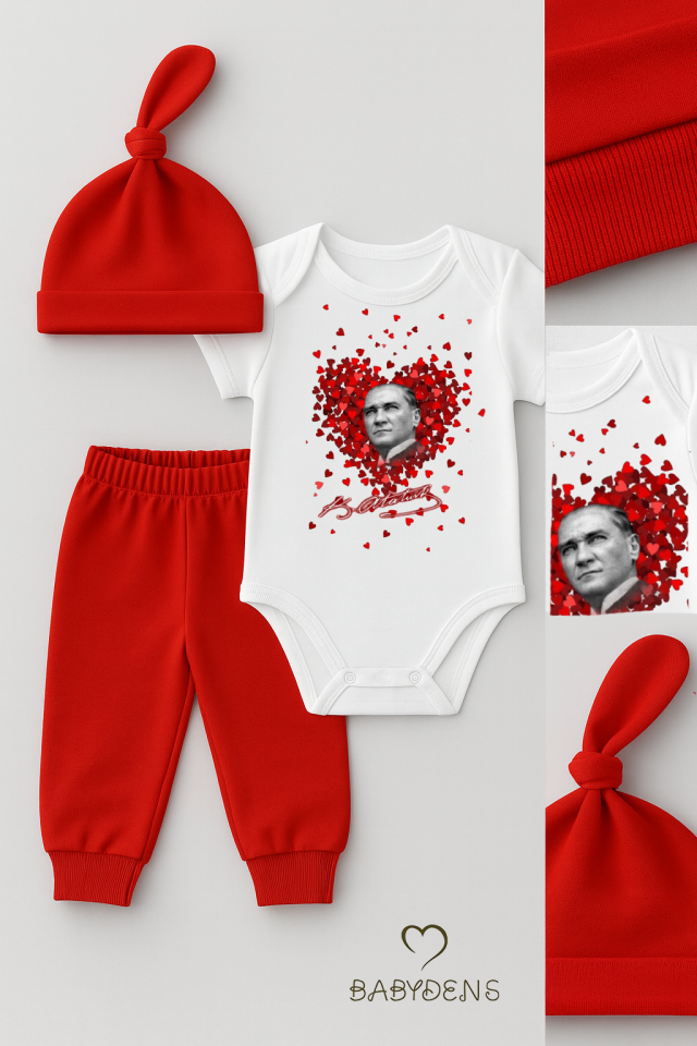 Atatürk Temalı Kısa Kollu 3’lü Yenidoğan Bebek Takımı (Body + Pantolon + Bere) Kırmızı-Beyaz Pamuklu