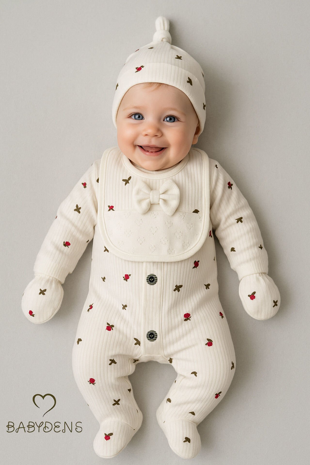 4’lü Kız Bebek Fitilli Yenidoğan Tulum Seti %100 Pamuklu Hastane Çıkışı Tulum, Şapka, Eldiven, Önlük