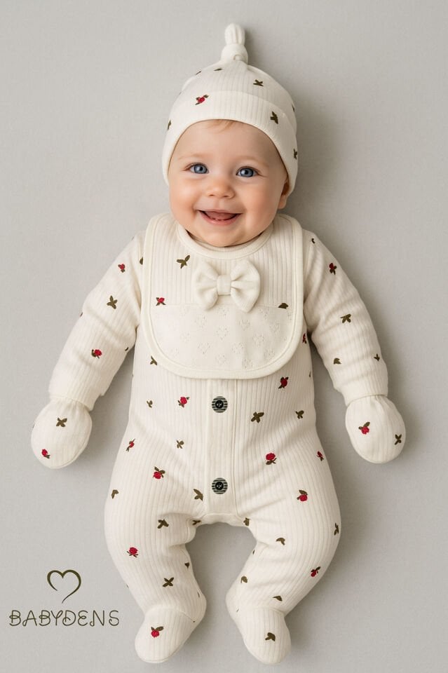 4’lü Kız Bebek Fitilli Yenidoğan Tulum Seti %100 Pamuklu Hastane Çıkışı Tulum, Şapka, Eldiven, Önlük