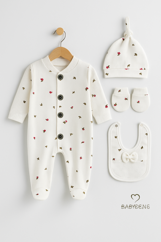 4’lü Kız Bebek Fitilli Yenidoğan Tulum Seti %100 Pamuklu Hastane Çıkışı Tulum, Şapka, Eldiven, Önlük