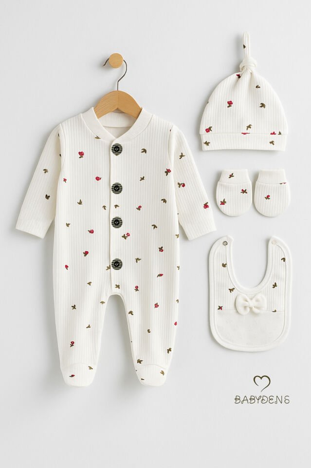 4’lü Kız Bebek Fitilli Yenidoğan Tulum Seti %100 Pamuklu Hastane Çıkışı Tulum, Şapka, Eldiven, Önlük