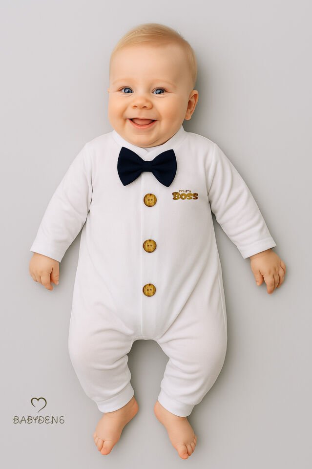 Minik Patron Papyonlu Erkek Bebek Tulum – Düğmeli Tasarım, Uzun Kollu %100 Pamuk Yenidoğan Tulumu Lacivert