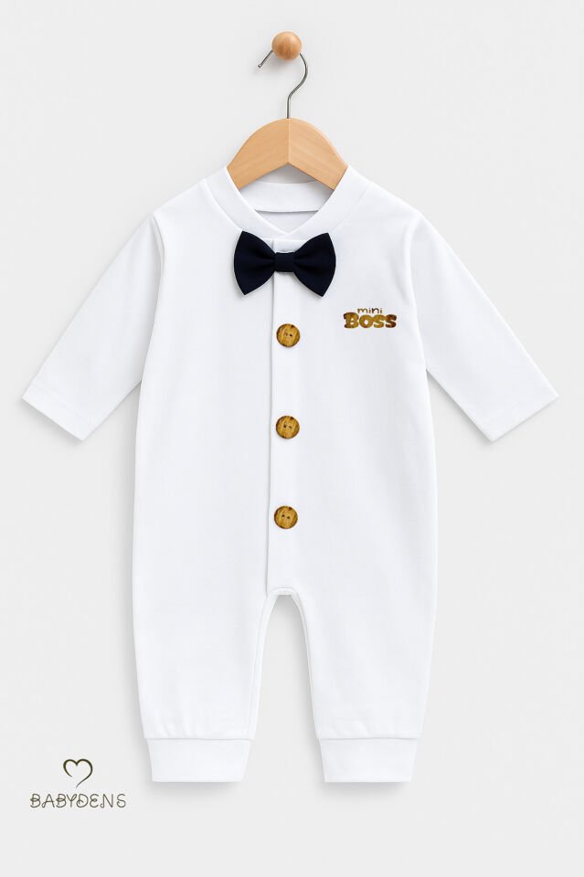 Minik Patron Papyonlu Erkek Bebek Tulum – Düğmeli Tasarım, Uzun Kollu %100 Pamuk Yenidoğan Tulumu Lacivert