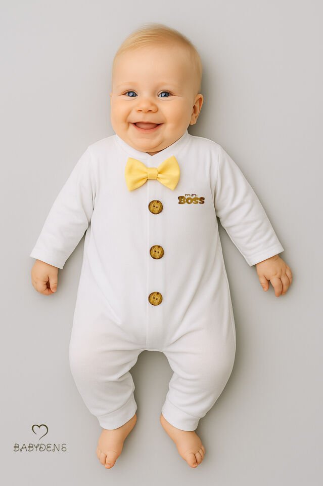 Minik Patron Papyonlu Erkek Bebek Tulum – Düğmeli Tasarım, Uzun Kollu %100 Pamuk Yenidoğan Tulumu Sarı